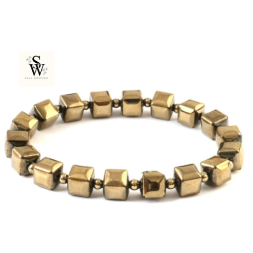 Golden Pyrite Cube Bracelet (Coated Hematite) – Wealth & Protection Crystal Jewelry