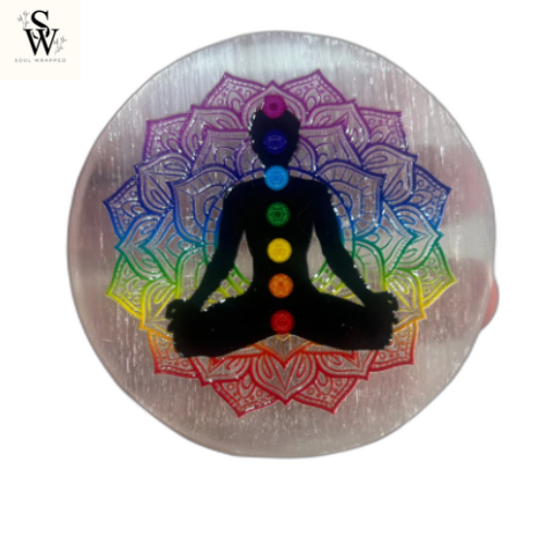 Selenite Coaster with 3D 7chakra Symbol (3 inch)