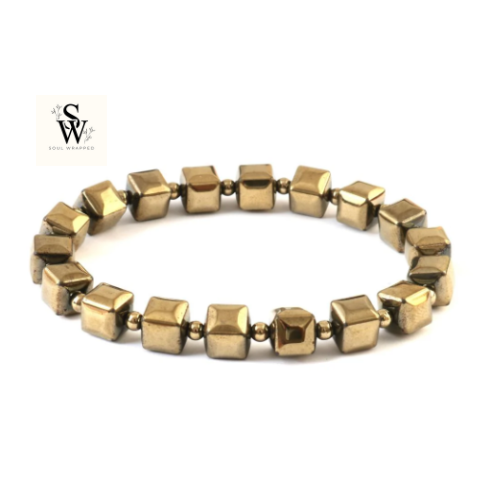 Golden Pyrite Cube Bracelet (Coated Hematite) – Wealth & Protection Crystal Jewelry